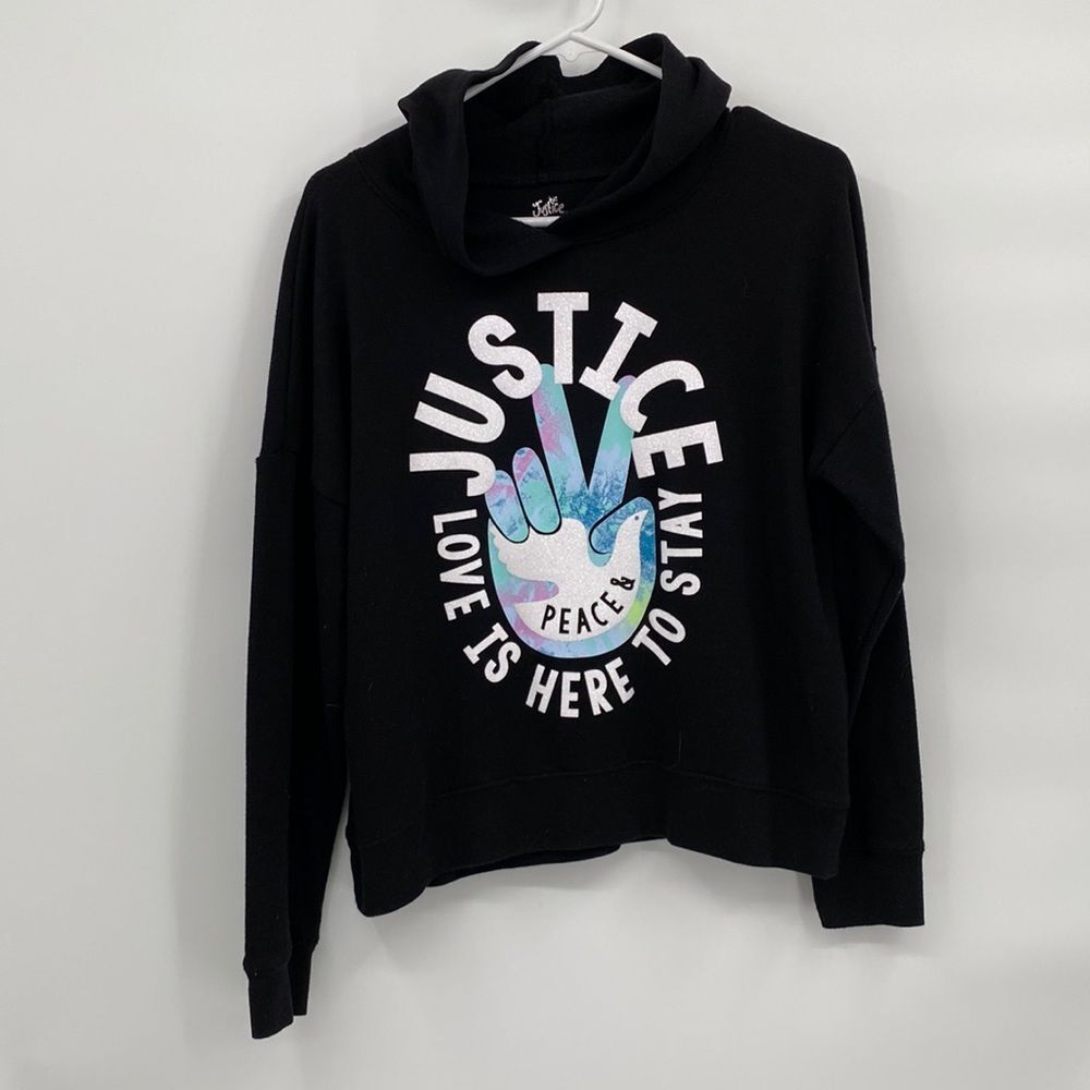 Justice Black Pullover Hoodie Sweatshirt XL 16/18 Peace Sign & Love
